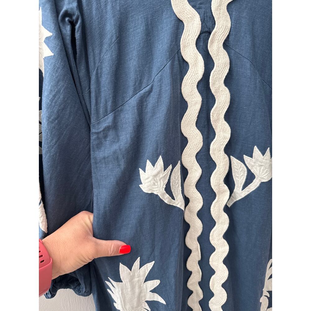 Farm Rio Flounce Blue & White Embroidered Linen-Blend Maxi Dress Pockets Size XS - Picture 13 of 14